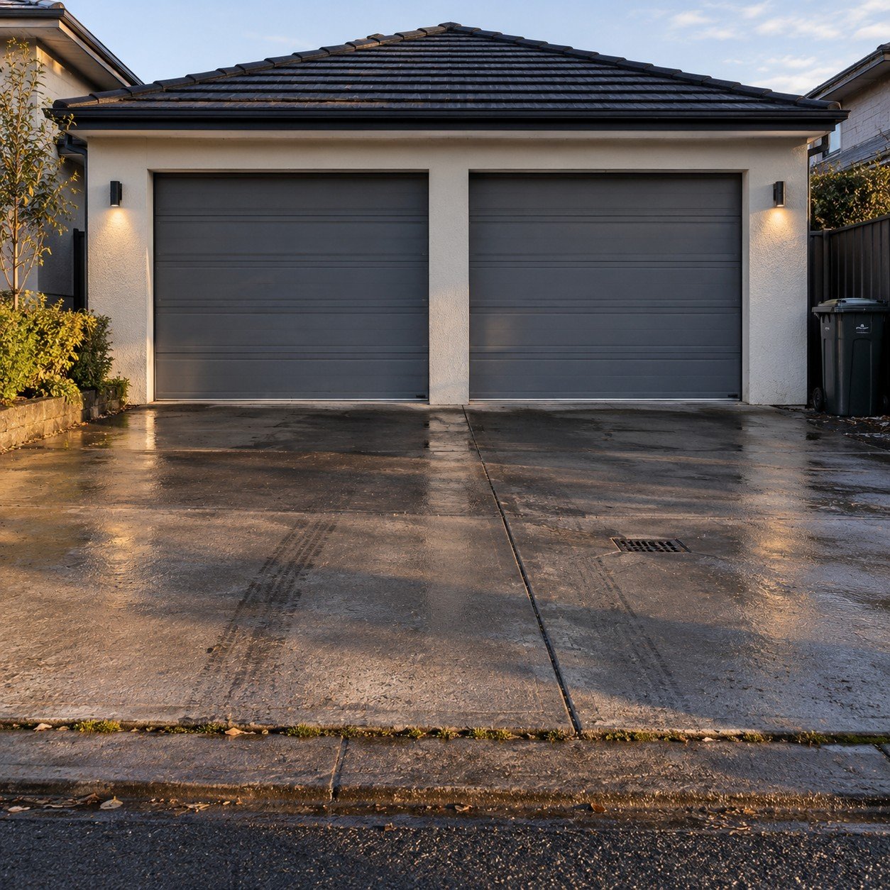 Two-car garage with both doors closed above a damp driveway