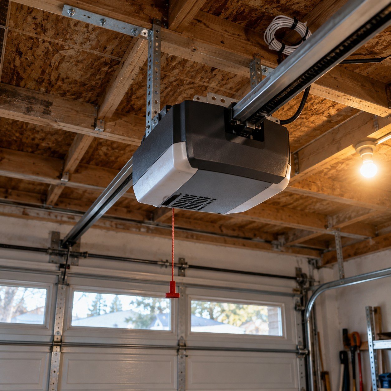 Newly installed ceiling-mounted garage door opener with its rail and release cord