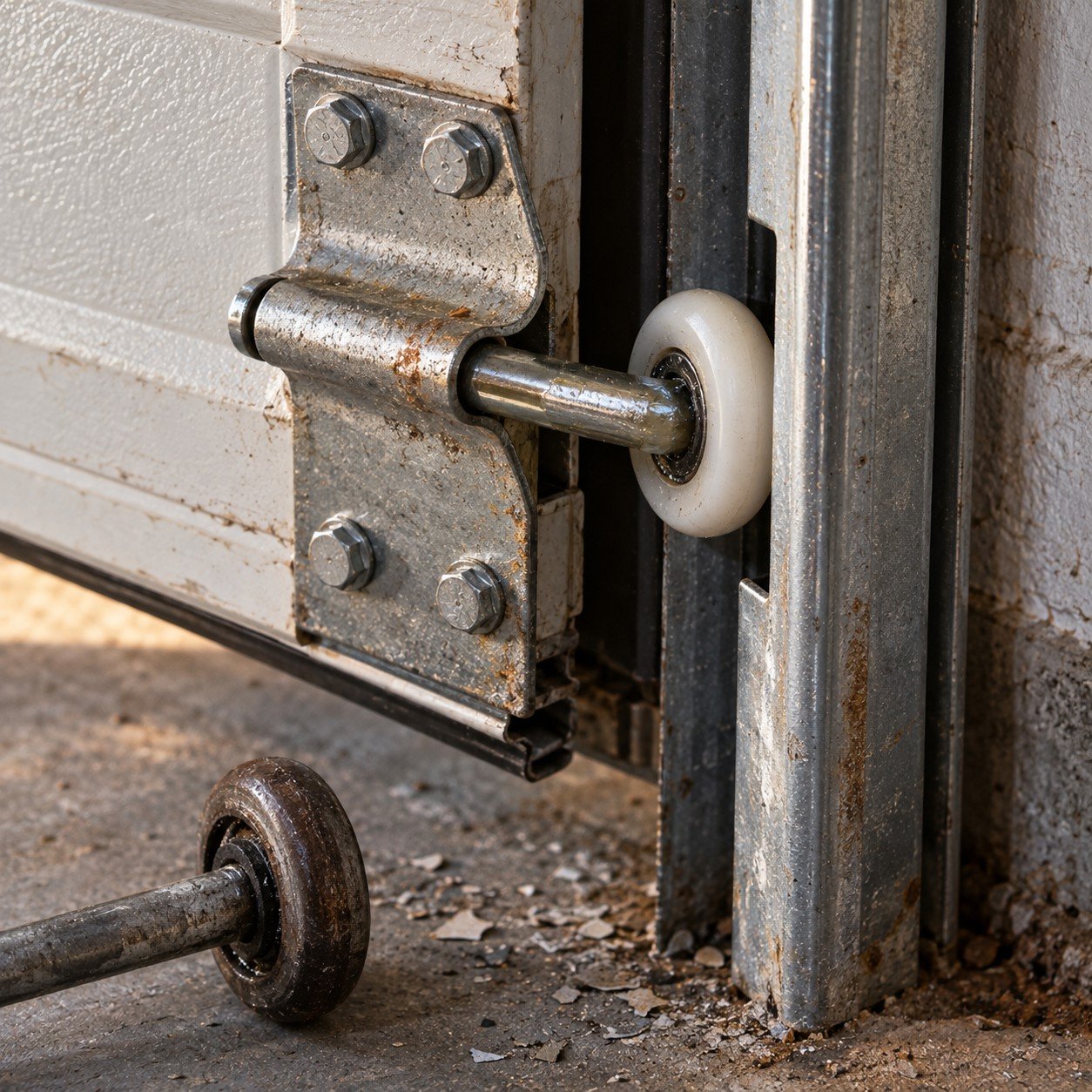 Nylon roller seated in a hinge on the vertical track