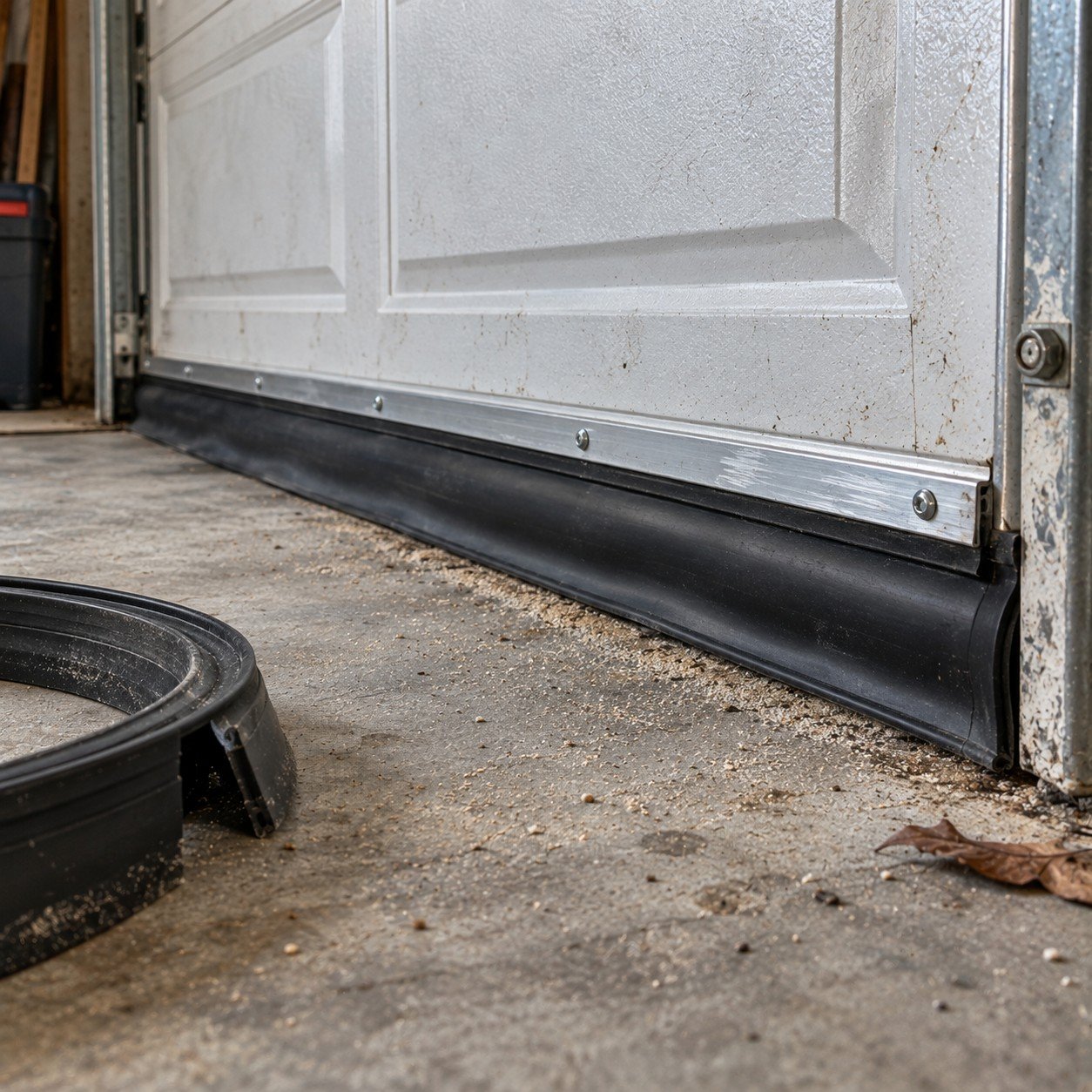 New rubber weather seal fitted along the foot of the door, with the old seal removed