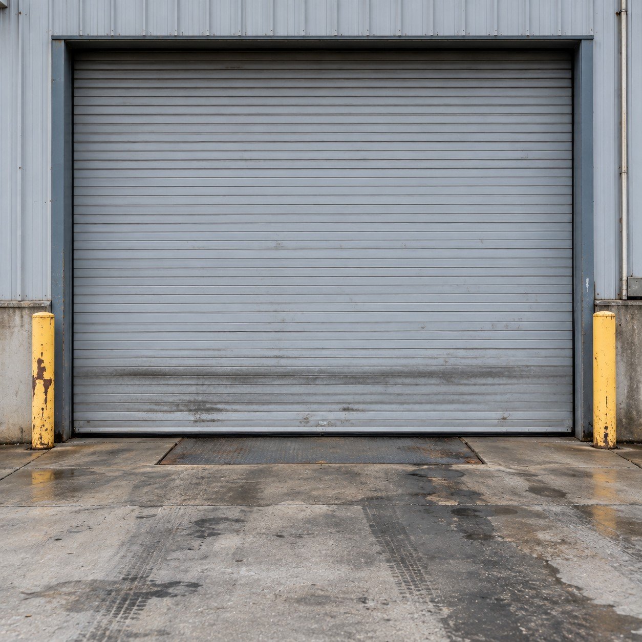 Commercial steel roll-up door closed and sealed on a loading dock