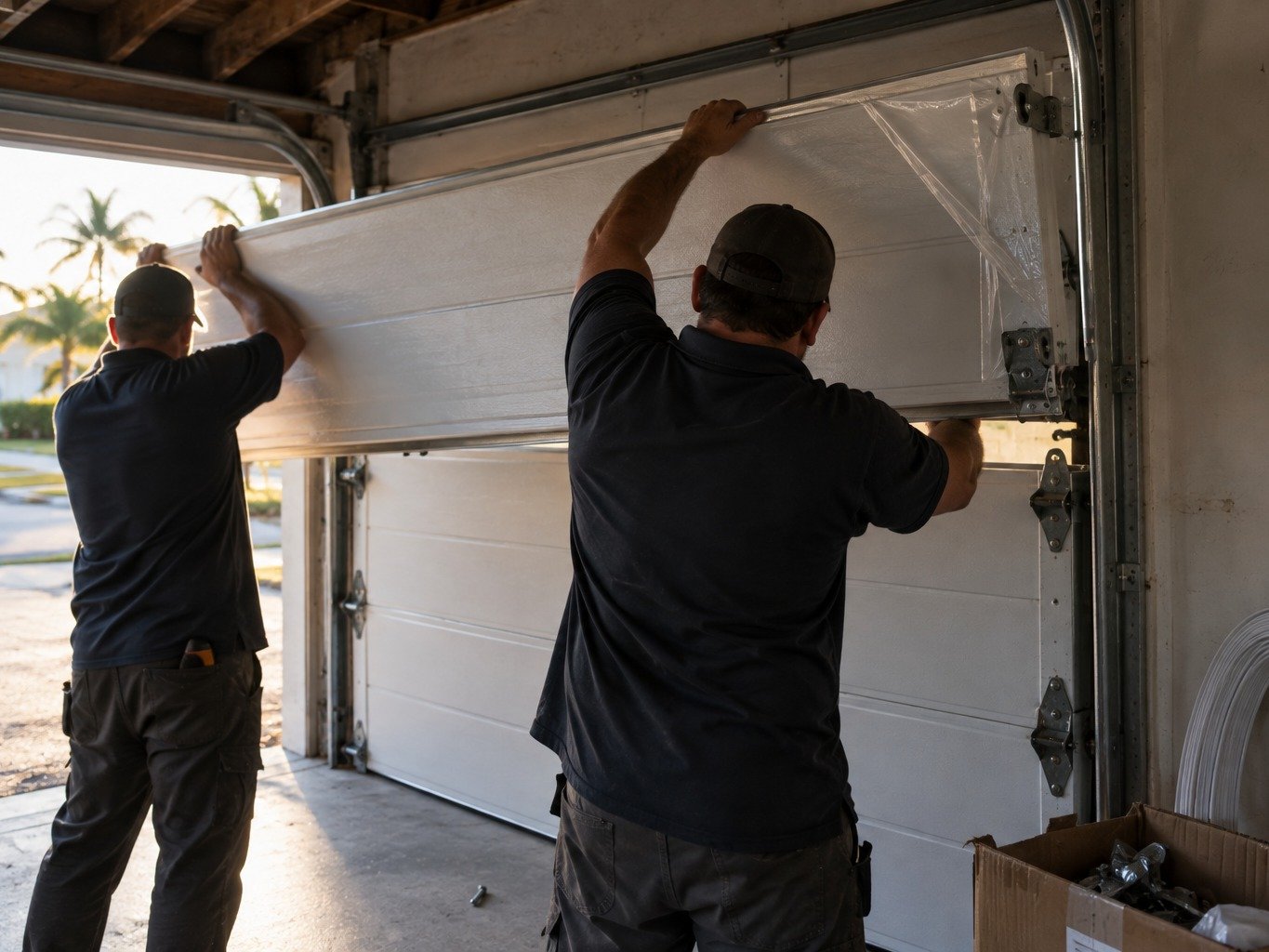 Newly installed sectional garage door on a Miami Beach home