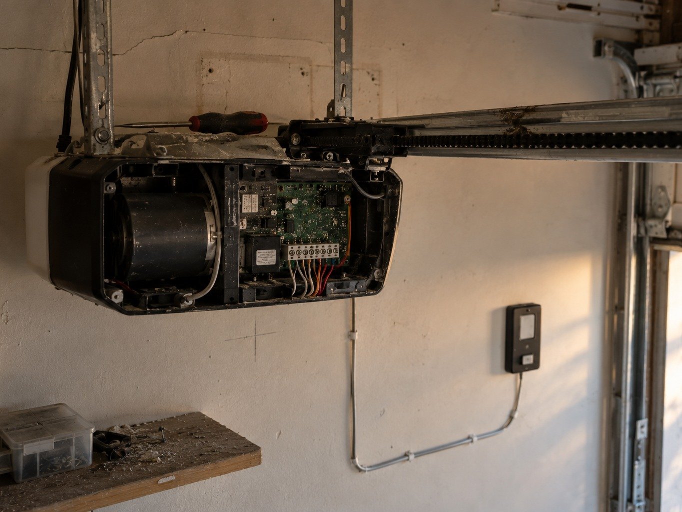 Technician servicing a garage door opener motor unit