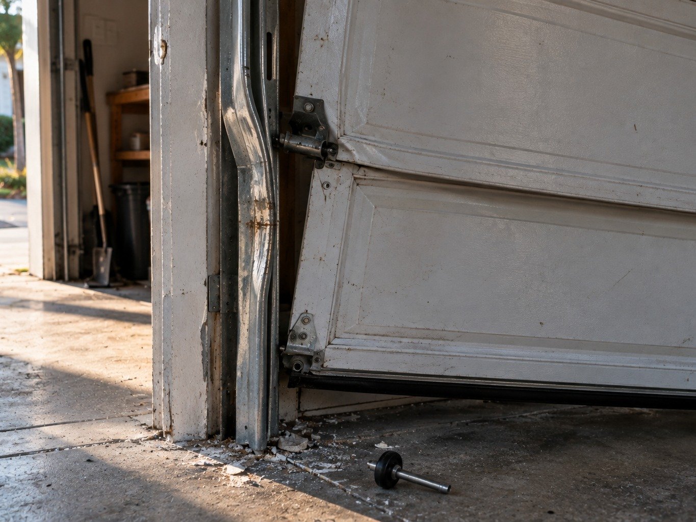Technician realigning a garage door that has come off its track
